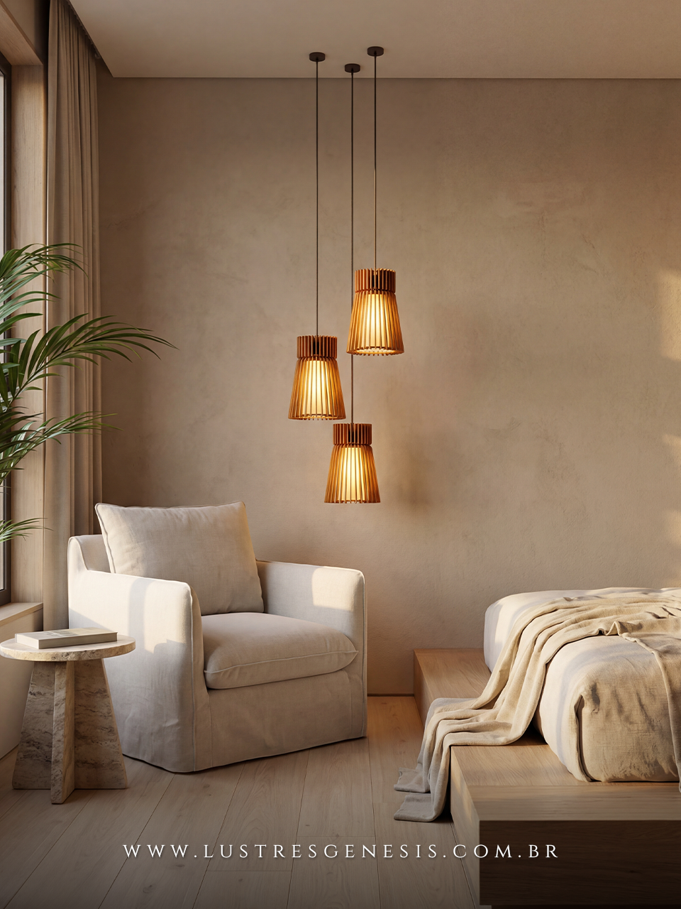 Luminaria de Teto Pendente Calla Madeira Attimo LMC418 E27 Altura 20cm x Ø14cm, Cabeceira de Cama, Balcao de cozinha, Lavabo